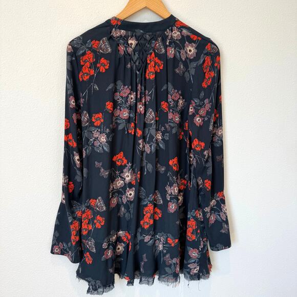 Free People Pebble Crepe So Fine Smocked Tunic Top Floral Gray Frayed Hem Small - Picture 15 of 15